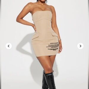 Tan Strapless Dress with Black Text